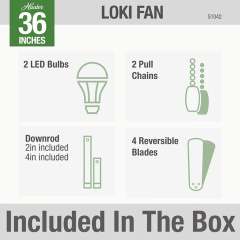 Image showing the components included with the Loki Indoor Ceiling Fan With LED Light And Pull Chain, 36 Inch, Weathered Copper Finish.