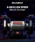 Heavy Duty 6 Inch Low Speed Bench Grinder Featuring Rock Solid Wobble Free Dual Grit Aluminum Oxide Wheels Built Garage Ready