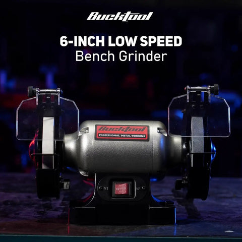 Heavy Duty 6 Inch Low Speed Bench Grinder Featuring Rock Solid Wobble Free Dual Grit Aluminum Oxide Wheels Built Garage Ready