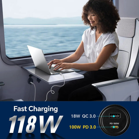 Rock Solid 100W PD 3.0 USB C Car Charger in use, charging laptop, ergonomic workspace, travel setting, passenger seat.