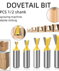 Top Shelf Five Piece Dovetail Router Bit Set 1/2 Inch Shank showing five carbide-tipped bits and half blind joints in wood.