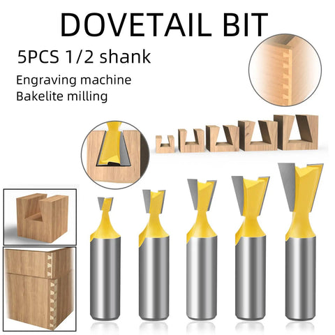 Top Shelf Five Piece Dovetail Router Bit Set 1/2 Inch Shank showing five carbide-tipped bits and half blind joints in wood.