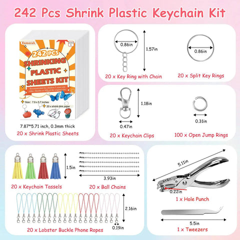Shrink Dink Keychain Kit With 242 Pieces Including Plastic Sheets And 20 Shrink Paper Sheets Tools Jump Rings Ball Chains Tassels Lobster Clasps Clips For DIY Keychains Rings Charms And Crafts For Kids And Adults, including key rings and tools.