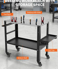 Dang Solid Heavy Duty Welding Table Workbench With 36 X 18 Inch Steel Top And Locking Casters Holds 1200 Lbs, featuring tool rack and storage.