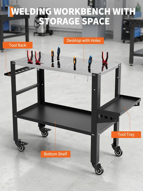 Dang Solid Heavy Duty Welding Table Workbench With 36 X 18 Inch Steel Top And Locking Casters Holds 1200 Lbs, featuring tool rack and storage.