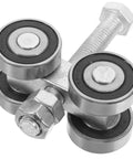 Top Shelf Stainless Steel Sliding Door Wheels Replacement Kit Featuring Dual Bearing Pulleys For Effortless Barn Door And Greenhouse Slider Upgrades That Roll Like Butter close-up view of dual bearing pulley system with silver stainless steel construction.