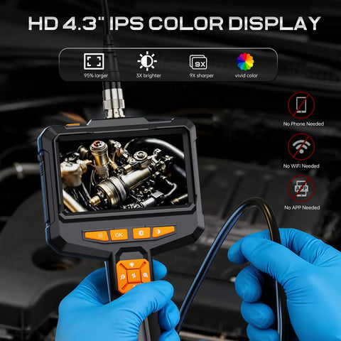 Gloved hands using Pro Borescope Camera With Light, 4.3 Inch HD Screen, 1080P Handheld Endoscope in automotive inspection.