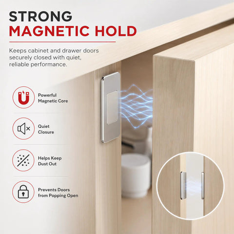Ultra Thin Magnetic Cabinet Catches With Strong Adhesive No Drill Door Latches displaying strong magnetic hold on cabinet.