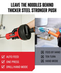 Heavy Duty Auto Feed Drain Snake Auger Gear Up Your Toolkit With This Nifty Drill Adapter in use on a drain with options displayed.