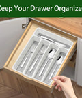 Five Compartment Kitchen Drawer Organizer White Plastic Silverware Tray Holds Flatware And Utensils Neatly Kept In Drawer
