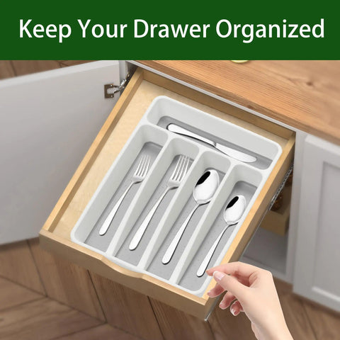 Five Compartment Kitchen Drawer Organizer White Plastic Silverware Tray Holds Flatware And Utensils Neatly Kept In Drawer