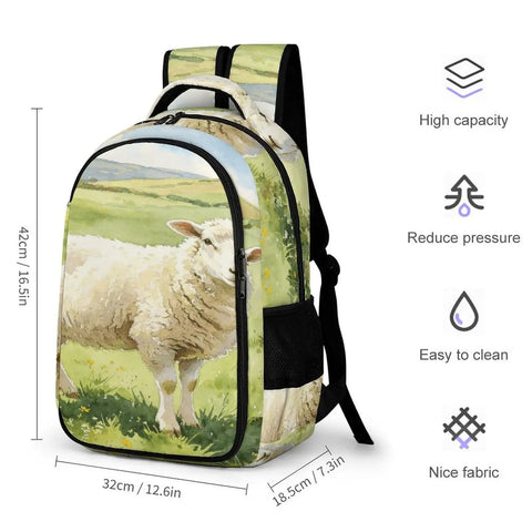 Front view of Watercolor Meadow Sheep Printed Backpack For Everyday Use Unisex Large Capacity Daypack Durable Polyester Breathable And Easy To Clean