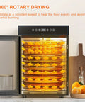 Kickstart Your Snack Game With This Whisper Quiet Electric Food Dehydrator Featuring 360 Rotating Trays Digital Timer And Glass Window For Flawless Jerky Fruit And Veggie Drying At Home, showing illuminated golden trays.