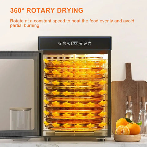 Kickstart Your Snack Game With This Whisper Quiet Electric Food Dehydrator Featuring 360 Rotating Trays Digital Timer And Glass Window For Flawless Jerky Fruit And Veggie Drying At Home, showing illuminated golden trays.