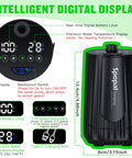 On The Go Camping Shower With LED display showing battery and temp levels, and control panel with 5 adjustable spray speeds.