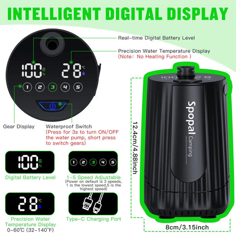 On The Go Camping Shower With LED display showing battery and temp levels, and control panel with 5 adjustable spray speeds.