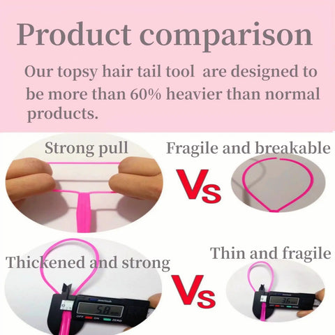 Topsy Tail Hair Tool Set 6 Piece Loop Styling Tools For Ponytails Pull Through Hair Ties Two Sizes And Three Colors Pink Purple Blue Easy Updos For Women Girls And Kids comparison chart showing stronger, thicker plastic loops