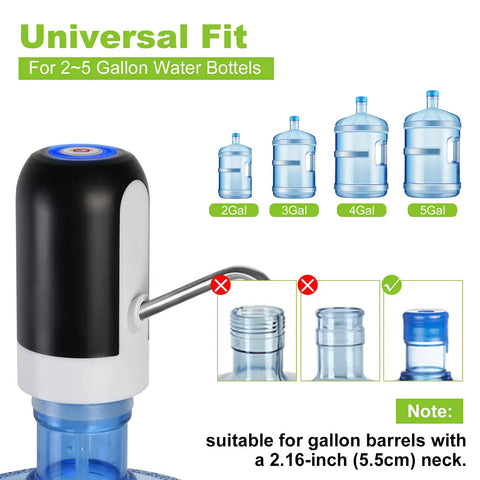 Portable 5 Gallon Water Pump Dispenser With Rechargeable Built In Battery Electric Drinking Water Pump For Camping Kitchen Home Office Grab And Go One Button Operation with size compatibility chart