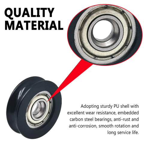 4-Pack Black PU U-Groove Roller Bearings 24mm OD Pulley Wheels 5mm Bore showcasing quality PU shell and carbon steel core.