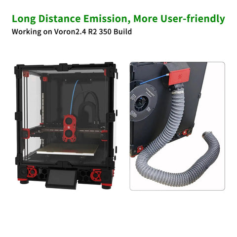 Voron 2.4 R2 Filament Fume Extraction Kit With Retractable Exhaust Hose And 6038 Ventilation Fan For 3D Printer Enclosure showing setup.