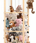 56 Inch Tall Wooden Stuffed Animal Storage Tower With Wheels filled with plush toys, featuring elastic bands and mesh bottom.