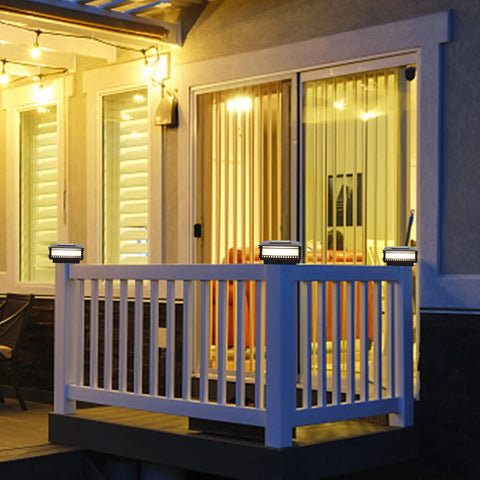 Outdoor deck with 6 Pack Solar Post Cap Lights for 4x4 5x5 6x6 Wooden Posts, High Brightness Warm White SMD LED, auto on at dusk.