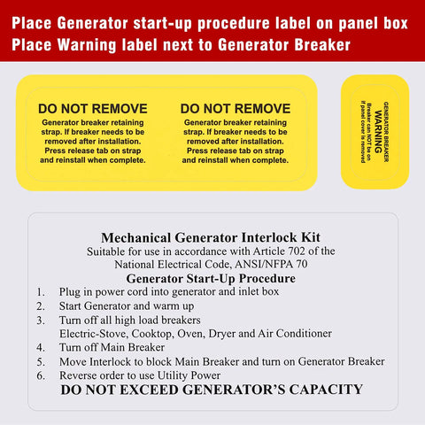 Generator Interlock Kit For Square D Homeline Meter Main 150/200 Amp Breaker panel labels and instructions