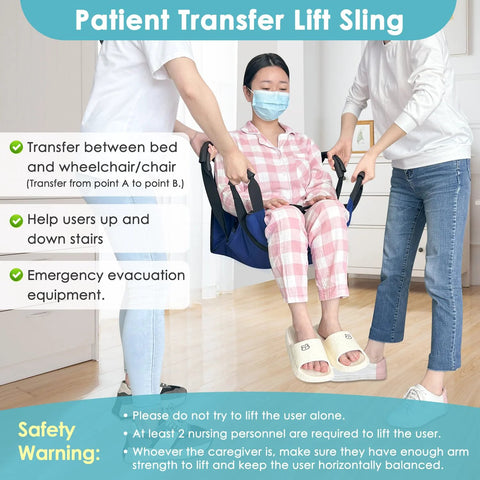 Patient transfer lift sling, blue, with four handles, used to move an adult from bed to wheelchair.