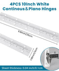 Diagram of 4-pack 10-inch white stainless steel piano hinges with measurements, illustrating 304 stainless steel material and open width.