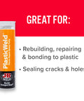 PlasticWeld Two Part Epoxy Putty for Plastic Repair and Rebuilding Hand Mixable 2 oz Kit packaging with repair benefits.