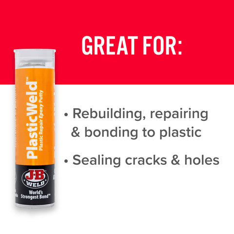 PlasticWeld Two Part Epoxy Putty for Plastic Repair and Rebuilding Hand Mixable 2 oz Kit packaging with repair benefits.