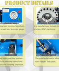 Control panel and crimping assembly of Heavy Duty Electric Hydraulic Hose Crimping Machine With Eight Precision Dies One Touch Controls And Live Gauge Readouts.