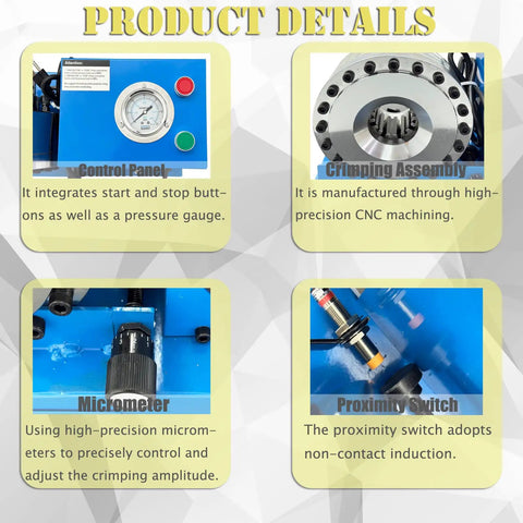 Control panel and crimping assembly of Heavy Duty Electric Hydraulic Hose Crimping Machine With Eight Precision Dies One Touch Controls And Live Gauge Readouts.