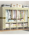 Straight Up Portable Closet Wardrobe System with clothing, shelves, and suitcases for organized storage.