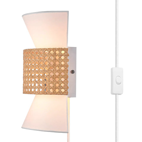 Two-Light Plug-In Or Hardwire Wall Sconce With Matte White Fabric Shade And Natural Rattan Accent 6-Foot Braided Cord In-Line Rocker Switch Slick Modern Lighting For Apartments Or Rentals, side view