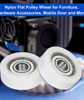 4 Pack Silent Roller Bearings 608ZZ Double Shielded Smooth Operator Pulley Wheels 8X30X11mm Nylon Idler Sleeves For Furniture And Home Repairs Glides Like A Breeze In White - Close-up of two nylon flat pulley wheels.