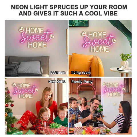 Home Sweet Home Neon Sign wall art for bedroom and living room with dimmer switch, elevating cozy vibes in apartment decor.