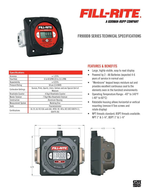 Product specifications for 1 Inch Digital Nutating Disc Fuel Transfer Meter with cast aluminum and nickel-plated exterior.