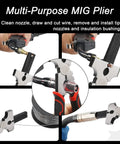 Multi-purpose MIG plier demonstrating cleaning and cutting functions in the Welding Accessories Kit 6-Piece Including 10.5 Inch Chipping Hammer.