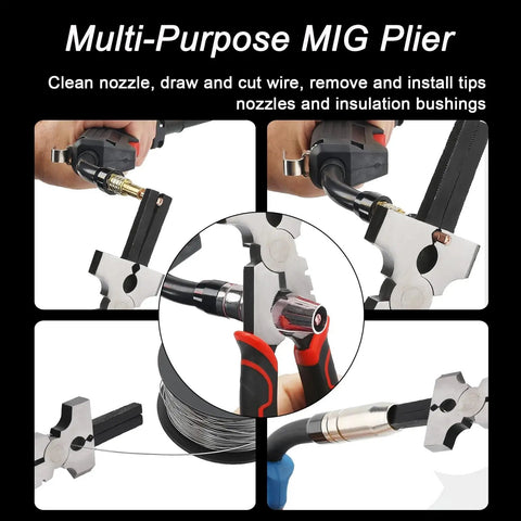 Multi-purpose MIG plier demonstrating cleaning and cutting functions in the Welding Accessories Kit 6-Piece Including 10.5 Inch Chipping Hammer.