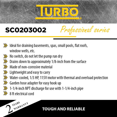 1/3HP Submersible Utility Pump With No Switch, 115V 60Hz Motor, Thermal And Overload Protection, 1 1/4 Inch Discharge, Professional Series Specifications