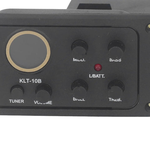 Close-up of 4 Band EQ Preamp For Acoustic Guitar With Piezo Pickup And Built In Tuner LCD Display showing controls