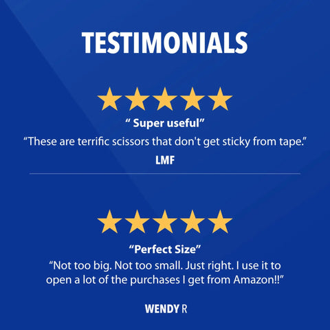 Customer testimonials for 5-Inch Non-Stick Titanium Scissors With Glide Adjust Technology, praised for utility and perfect size.