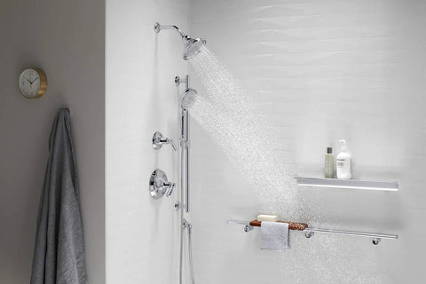 Bancroft Handheld Showerhead With Katalyst 3 Function Sprayface Featuring Massage And Silk Sprays, thumb tab, polished chrome finish.