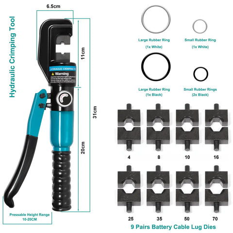 Pro Grade 10 Ton Hydraulic Crimping Tool With 9 Dies for Battery Cables and Wire Rope Crimper, multiple die sizes shown