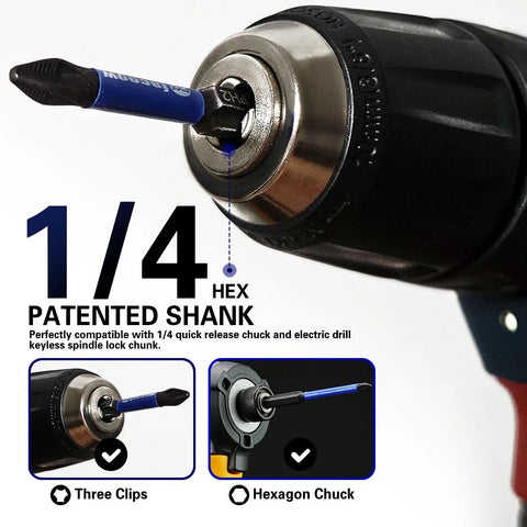 Close-up of a drill with 16 Pack PH2 Phillips Impact Driver Bits Set With Magnetic Tips S2 Alloy Steel installed