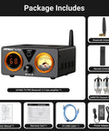 T9PRO 200W 2 1 Channel Tube Bluetooth DAC Stereo Amplifier, front view with display, VU meter, antenna, remote, tubes and accessories
