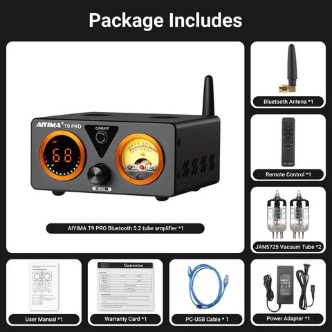 T9PRO 200W 2 1 Channel Tube Bluetooth DAC Stereo Amplifier, front view with display, VU meter, antenna, remote, tubes and accessories