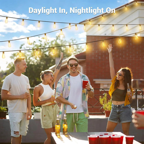 Group enjoying 200 Foot Solar String Lights Outdoor Waterproof With Remote Control on a patio during a sunny day.