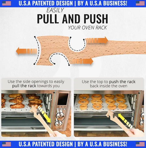 Long Handle Wooden Oven Rack Puller Stick For Small Kitchen Appliances Ideal For Convection Ovens And Toaster Ovens Air Fryer And Quick Rack Pulls No Oven Mitts Needed, beech wood rack puller in use